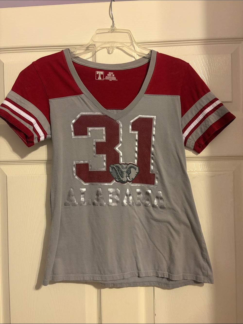 University of Alabama women’s V-Neck Football Tee - Gray & Crimson